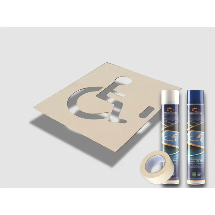 Kit de marquage stationnement PMR avec pochoir: pochoir + peinture + ruban de masquage
