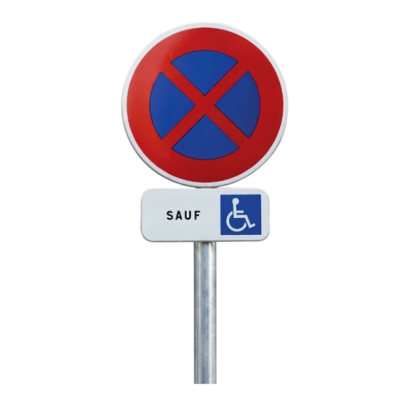 Kit Panneau + poteau B6d et Panonceau M6h : Arrêt et Stationnement Interdit sauf PMR 