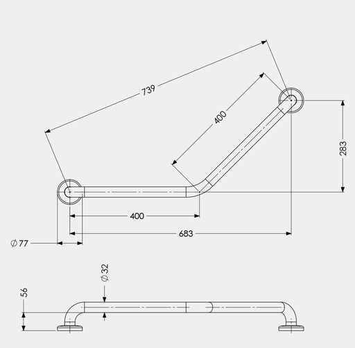 [6881300] Barre d'appui coudée 135° -2 points - acier 400 x 400mm